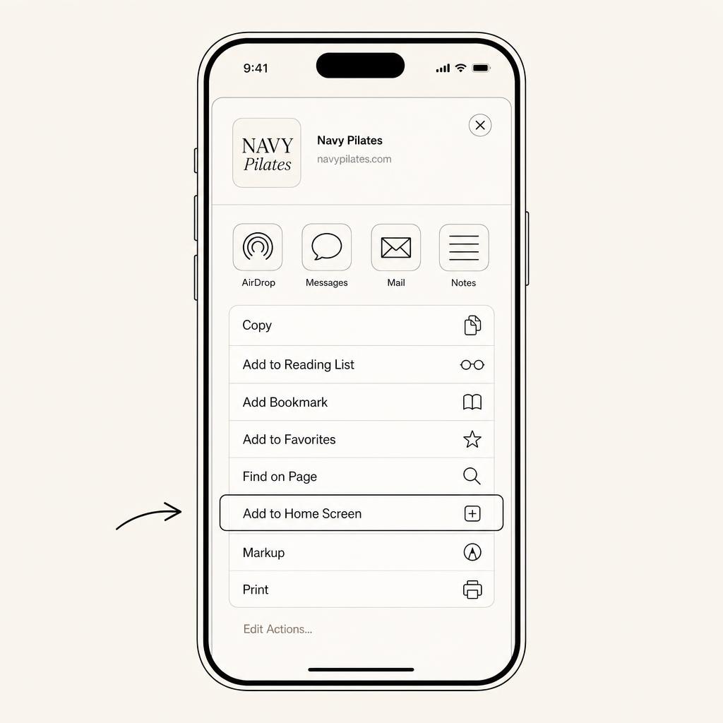 iPhone share sheet with an arrow pointing to Add to Home Screen