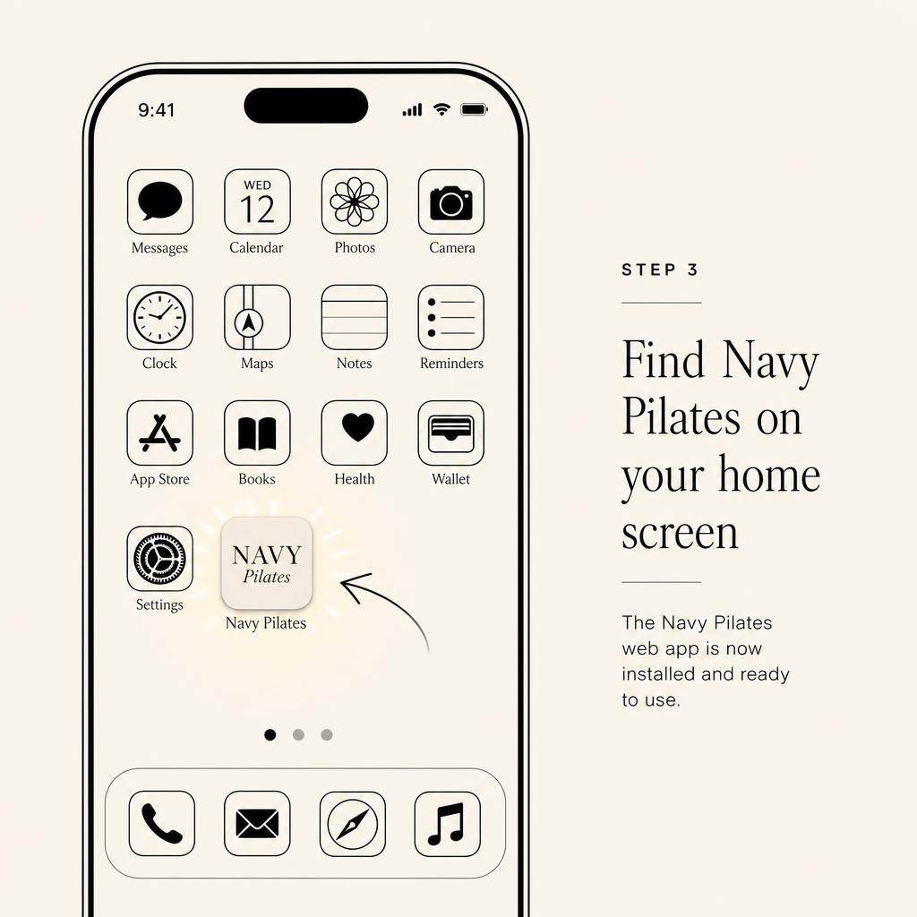 iPhone home screen showing the Navy Pilates app icon